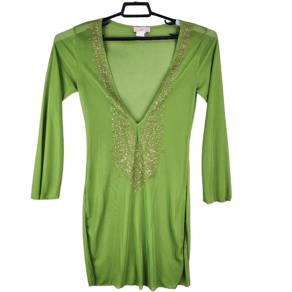 Women's Green Sheer Embellished Dress V-Neck With 3/4 Sleeves Size M